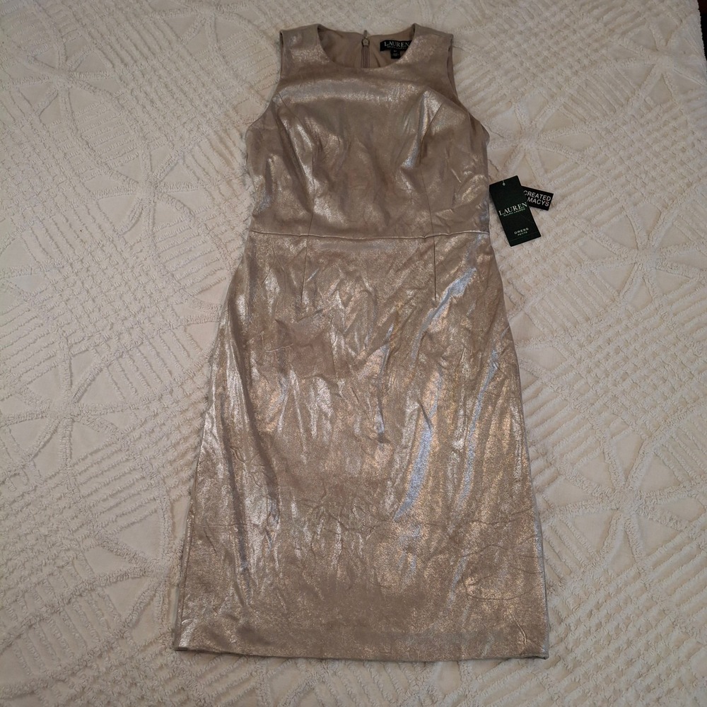 Lauren Ralph Lauren Womens 6 Petite Metallic Champagne Gold Sheath Dress NWT